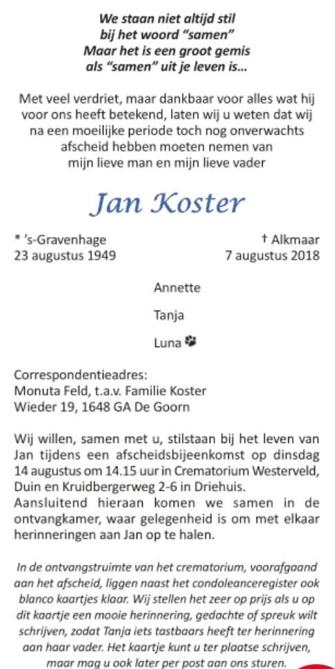 Jan Koster overleden