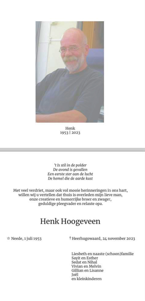 Henk Hoogeveen rouwkaart