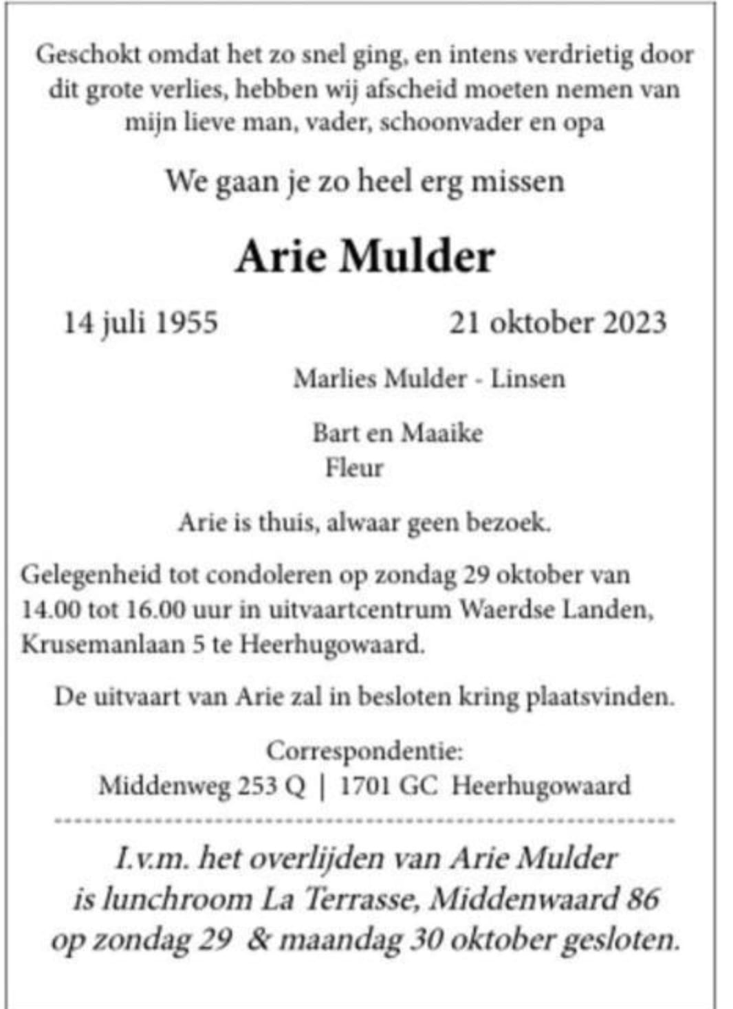 advertentie Arie Mulder