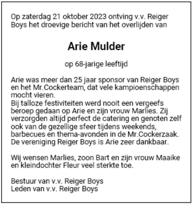 advertentie RB Arie Mulder